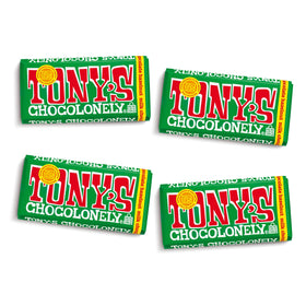 Tony's Chocolonely Milk Hazelnut Bar packaging highlights ethical sourcing and premium flavor.