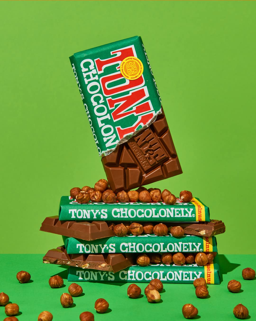 Tony's Chocolonely Milk Hazelnut Bar uneven pieces show a bold fairness statement.