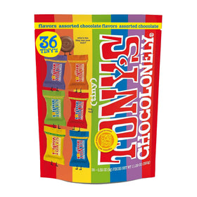 Tony’s Chocolonely packaging with assorted chocolates, ideal for gifting or sharing.