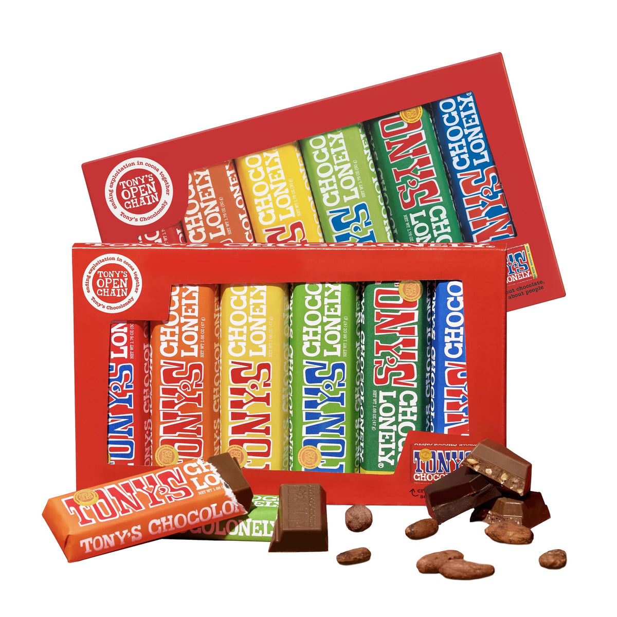 Tony's Chocolonely rainbow pack image shows a colorful assortment perfect for sharing
