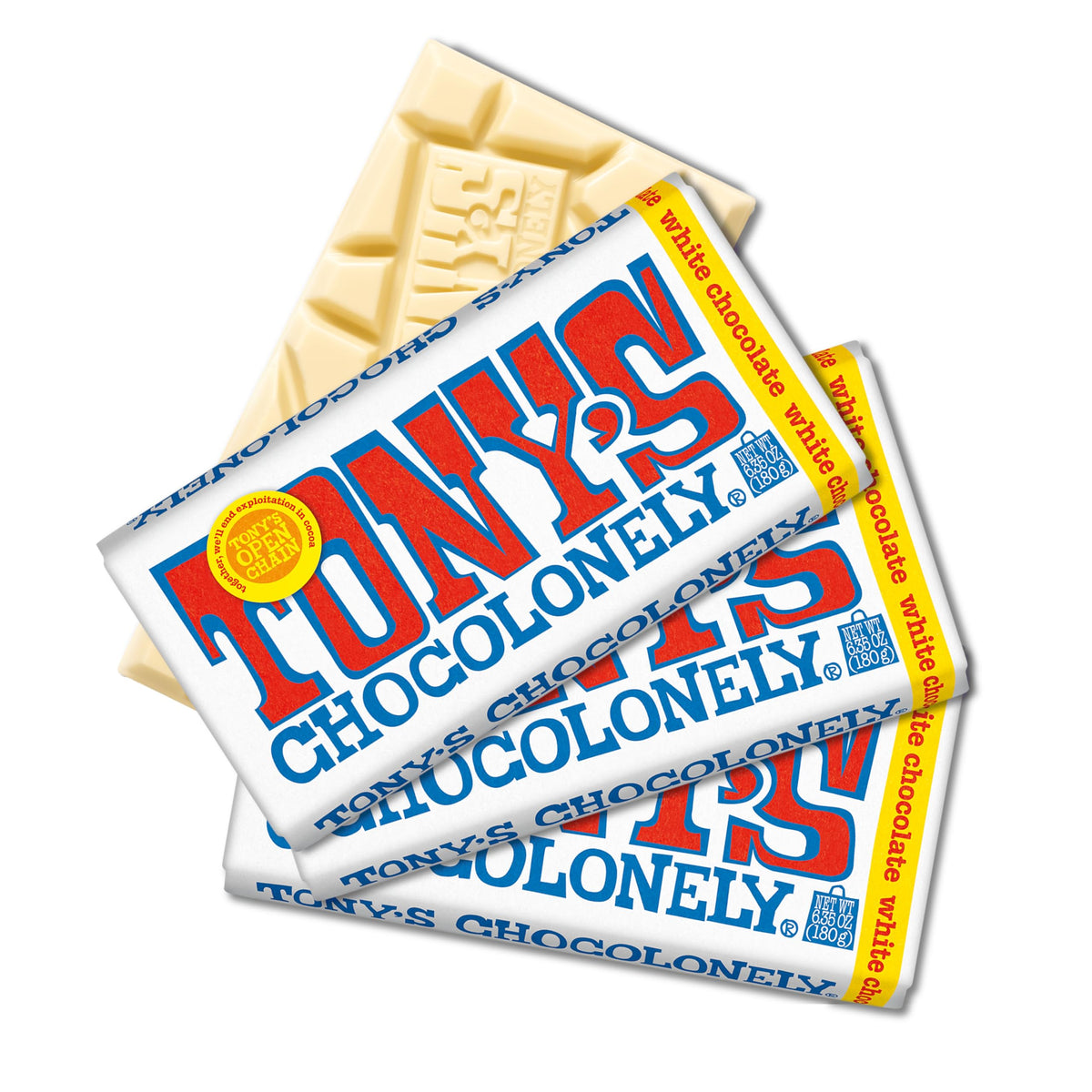 Tony’s Chocolonely white chocolate bar packaging with uneven pieces highlighting ethical sourcing.