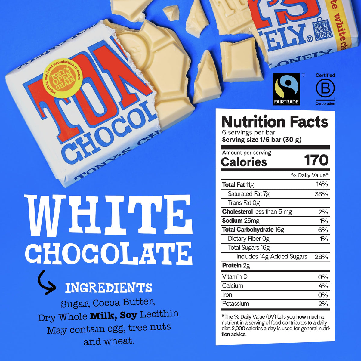 Unwrapped Tony’s Chocolonely white chocolate bar ready for sharing.