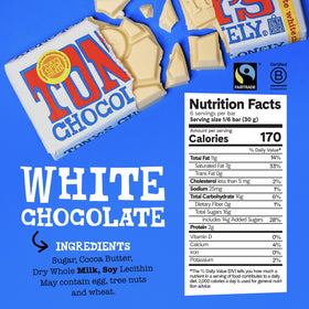 Unwrapped Tony’s Chocolonely white chocolate bar ready for sharing.