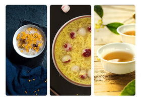 TooGet Osmanthus tea served over ice shows a refreshing floral beverage.