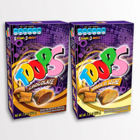 TOOPS chocolate cream cereal bites in a bowl with milk, perfect for breakfast.