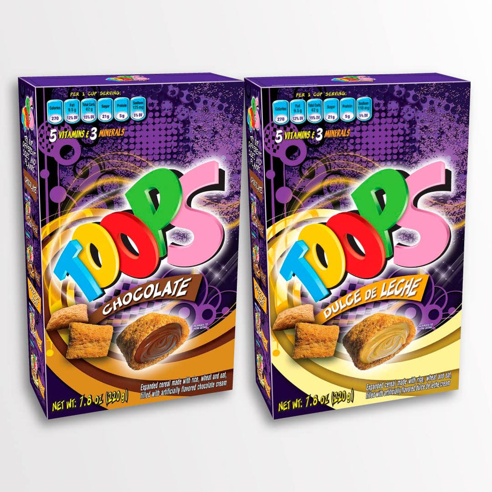 TOOPS chocolate cream cereal bites in a bowl with milk, perfect for breakfast.