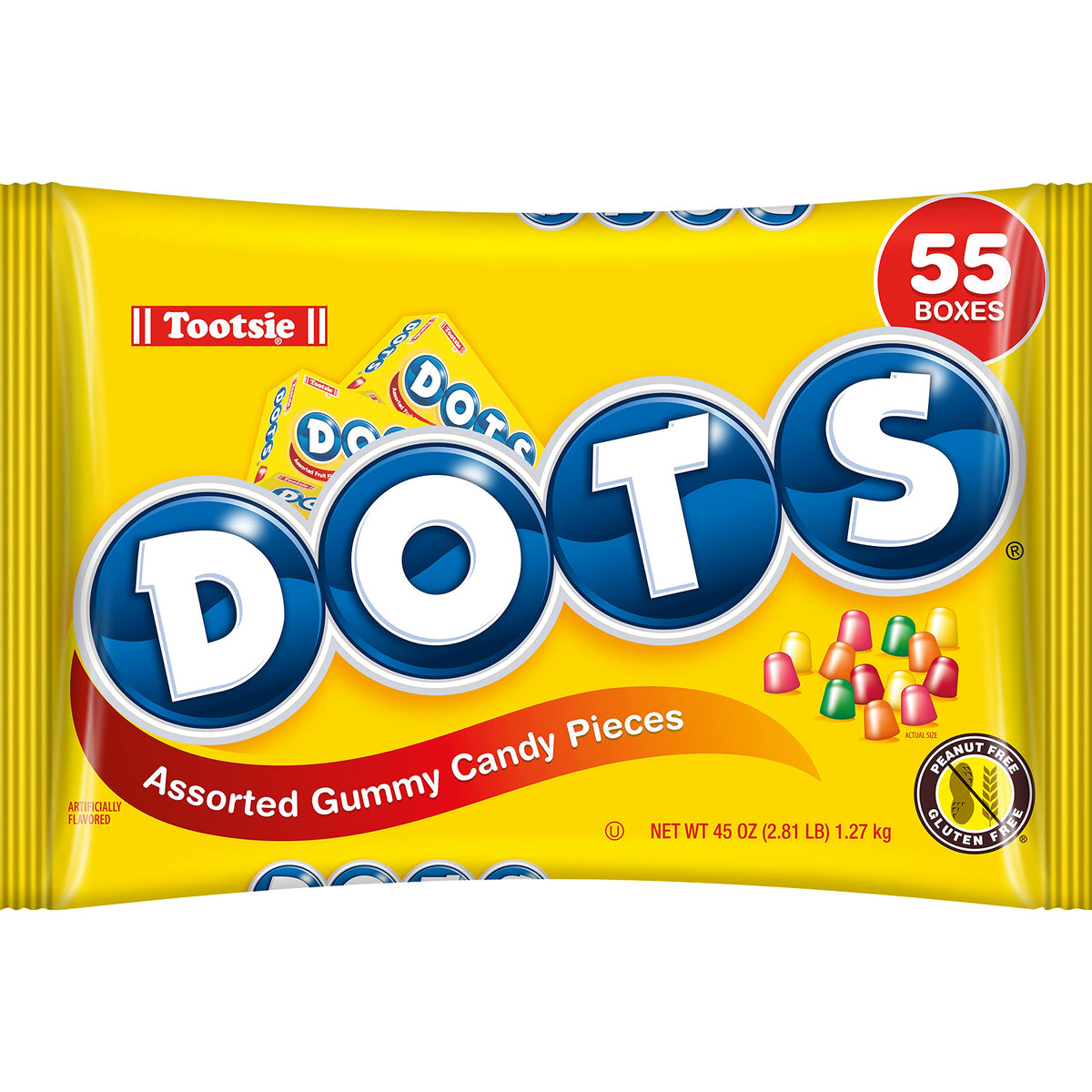 Tootsie DOTS assorted gummy candy display showing chewy texture.