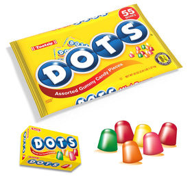 Tootsie DOTS cherry flavor gummies close-up highlighting soft, chewy bite.