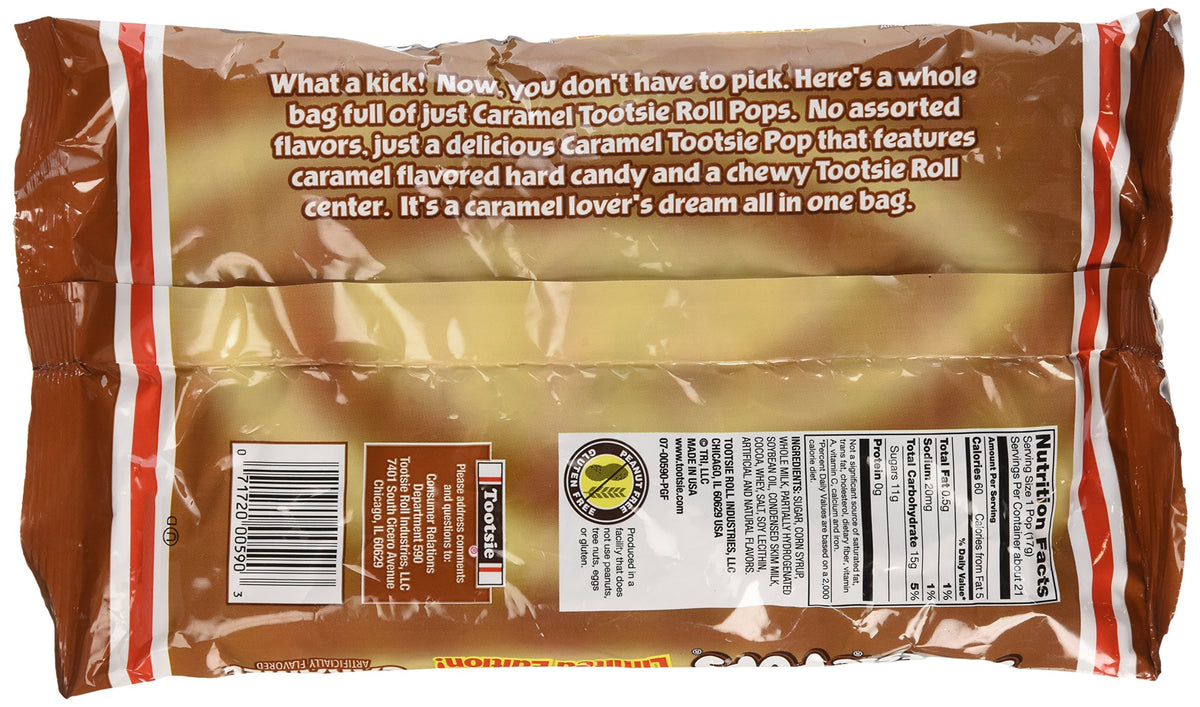 Tootsie Pops caramel lollipops close-up, showcasing chewy texture and smooth caramel flavor.