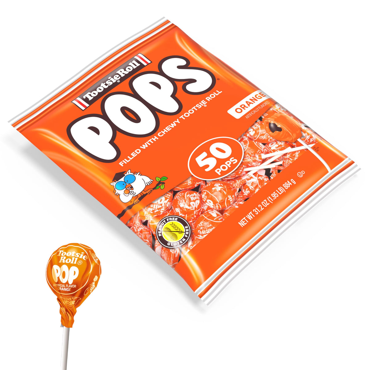 Tootsie Pops orange flavor packaging, individually wrapped for party snacks and gift bags.