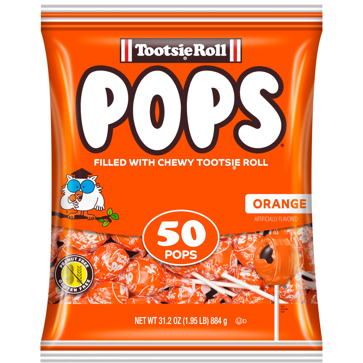 Tootsie Pops orange shell with chocolate center in a 50-count bag for sharing.