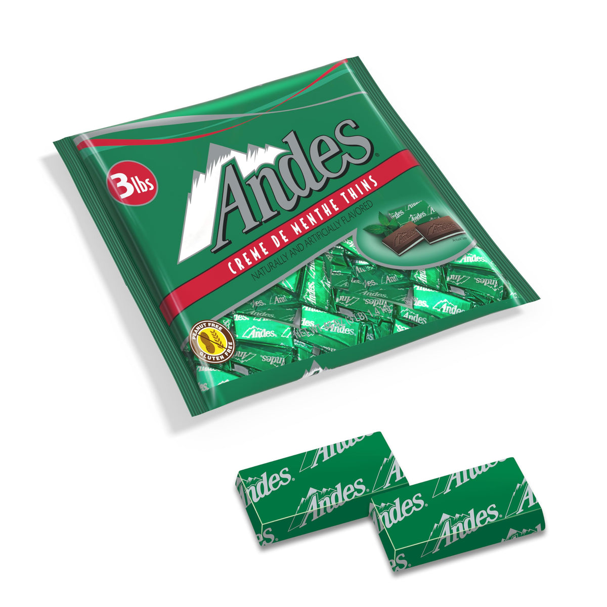 Close-up of Andes Crème de Menthe mint wafers with chocolate layers