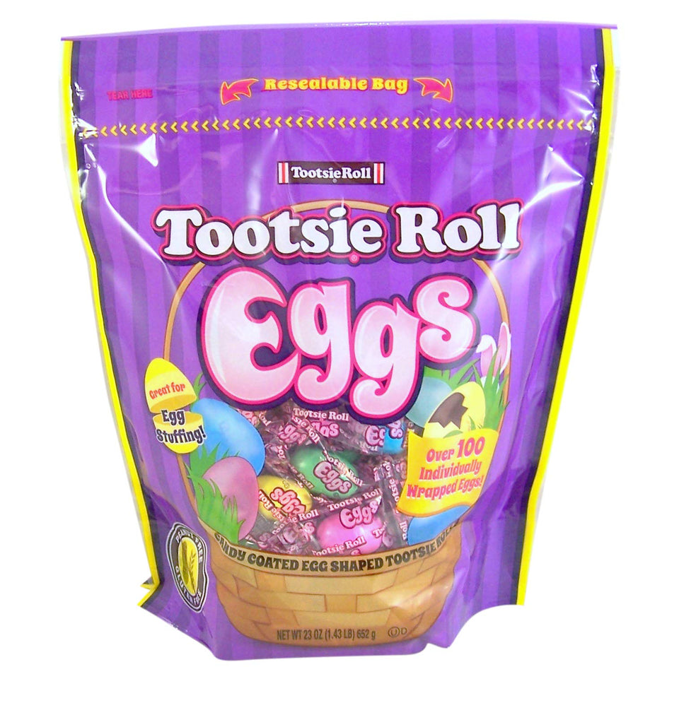 Tootsie Roll candy-coated eggs bag front view showing resealable packaging for Easter snacking