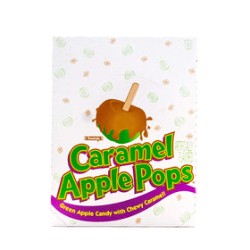 Close-up of Tootsie Roll Caramel Apple Pops with caramel coating and green apple candy