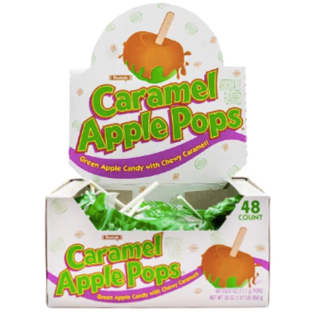 Tootsie Roll Caramel Apple Pops wrapper close-up on individually wrapped candies, convenient for grab-and-go snacks