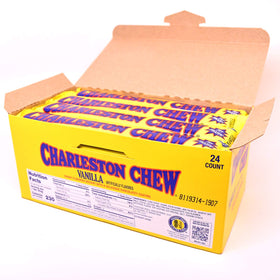 Tootsie Roll Charleston Chew vanilla bar 24-pack, nostalgic chewy chocolate-coated snack.