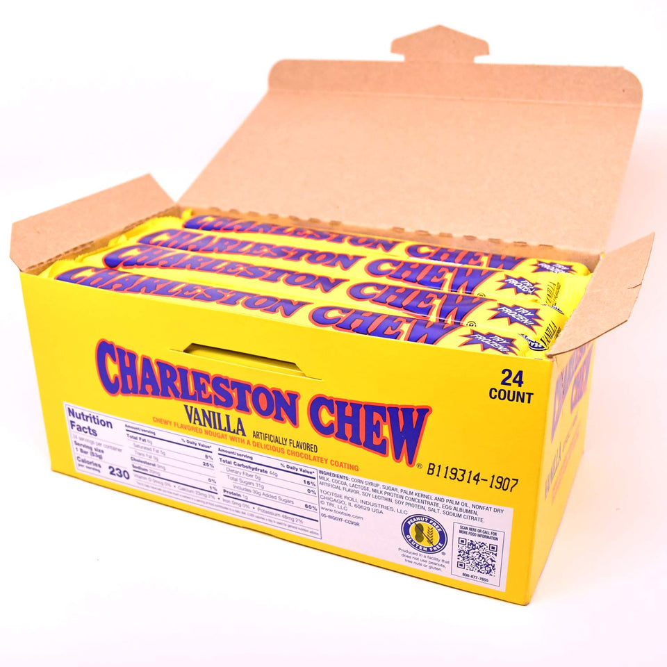 Tootsie Roll Charleston Chew vanilla bar 24-pack, nostalgic chewy chocolate-coated snack.