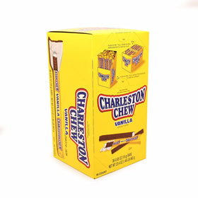 Tootsie Roll Charleston Chew vanilla bar close-up shows chewy nougat texture and chocolate coating