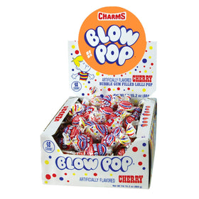Tootsie Roll Charms Blow Pop cherry shell with gum center, ideal for on-the-go snacking.
