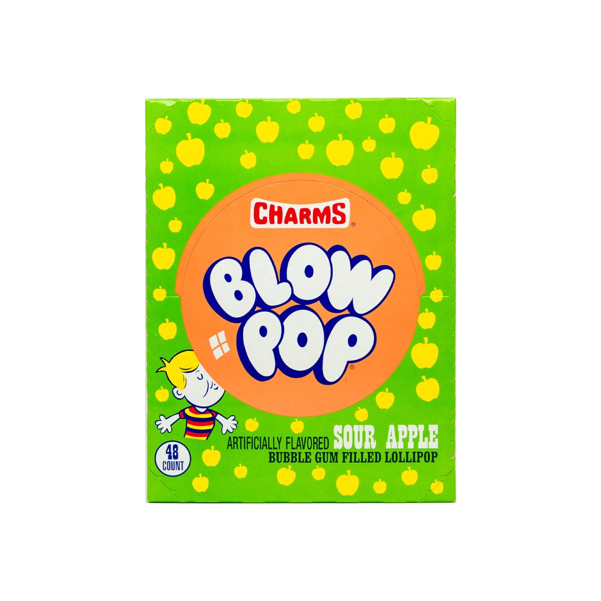Tootsie Roll Charms Blow Pop Sour Apple box front view, 48-count packaging for sharing.