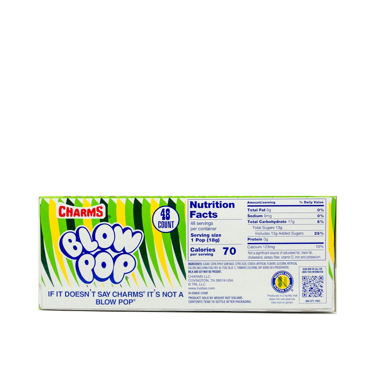 Tootsie Roll Charms Blow Pop Sour Apple hard candy shell with a soft gum interior.