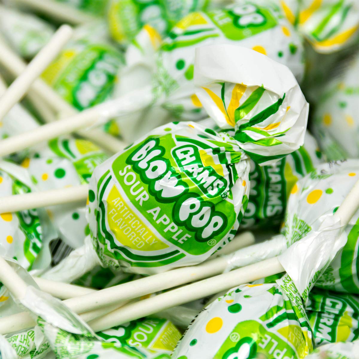 Tootsie Roll Charms Blow Pop Sour Apple 48-count bulk packaging ideal for parties and school events.
