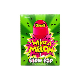 Tootsie Roll Charms Blow Pop What-A-Melon closeup with bright candy shell and gum center