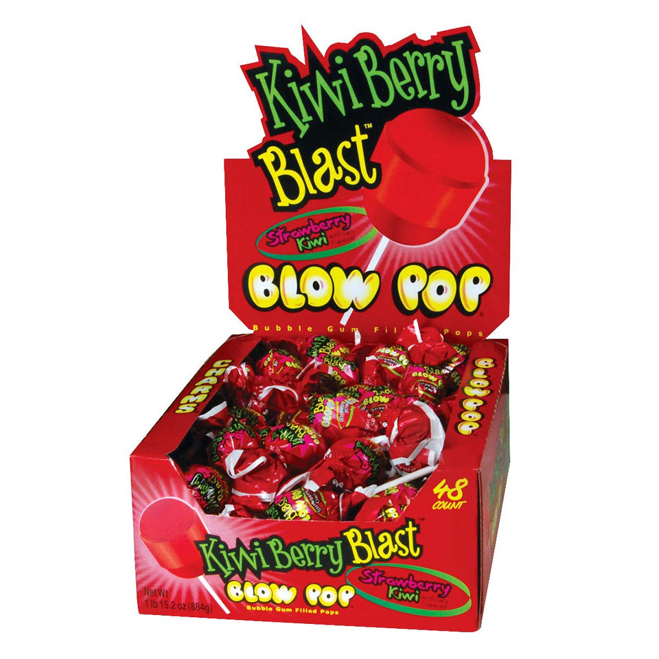 Charms Blow Pops Kiwi Berry Blast bag on display, ideal for family snacks.