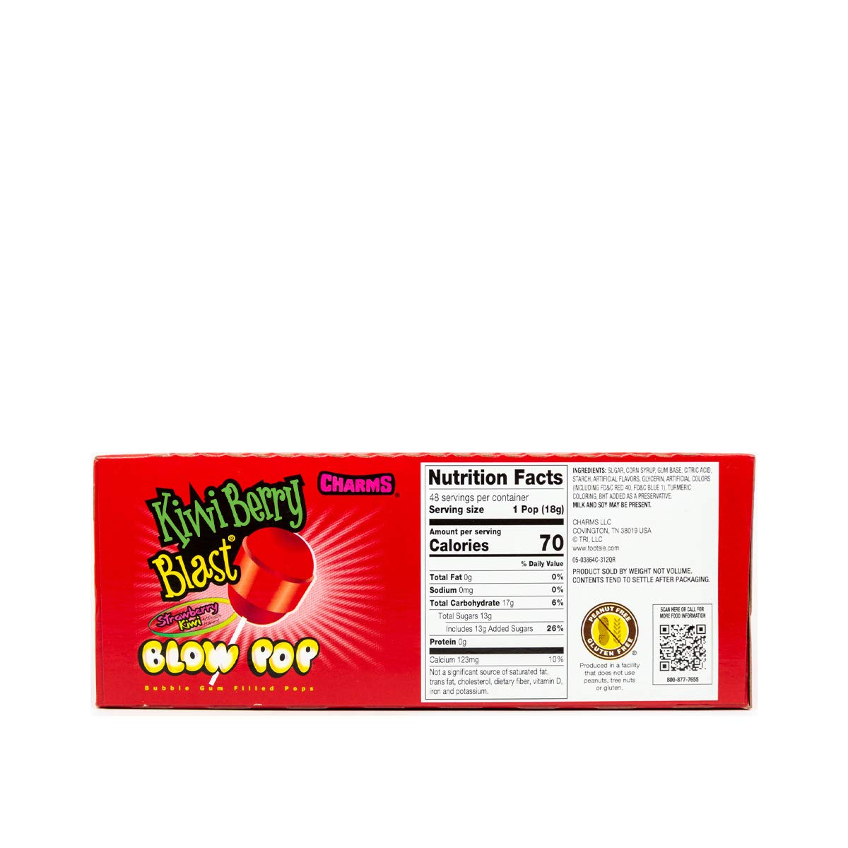 Bright kiwi-berry shell with chewy gum center from Charms Blow Pops.