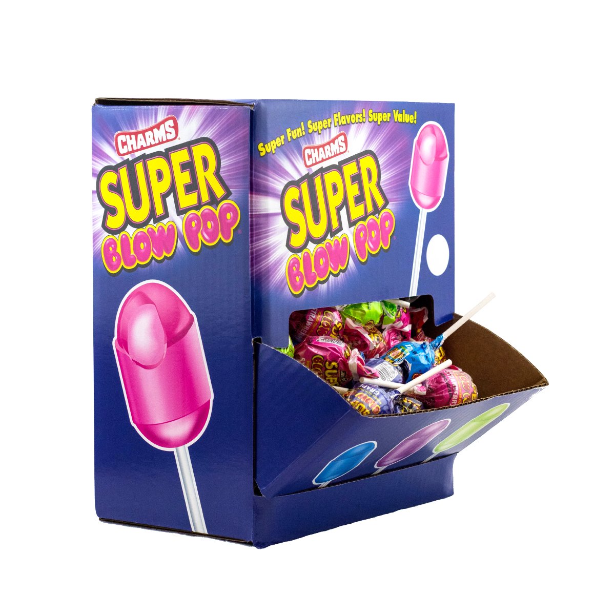 Tootsie Roll Charms Blow Pops box front shows a 100-count display for party snacks
