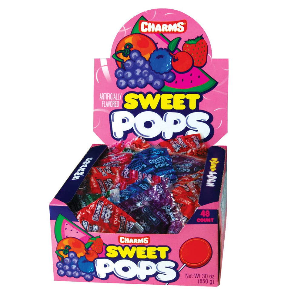 Tootsie Roll Charms Sweet Pops box of 48 for on-the-go snacking.