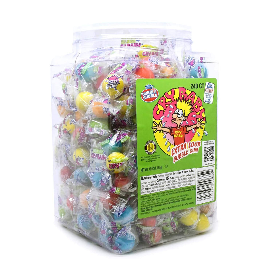 Tootsie Roll Cry Baby Extra Sour Gum jar showcasing bold flavors and long-lasting chewing.