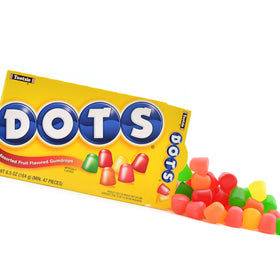 Tootsie Roll DOTS assorted flavors close-up, chewy gummy texture and color variety.