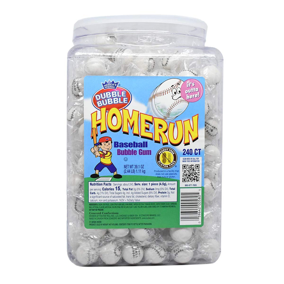 Tootsie Roll Dubble Bubble Home Run baseball gumballs in a jar, ideal for parties.