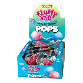Tootsie Roll Fluffy Stuff cotton candy pops box in pink and blue, perfect for parties.
