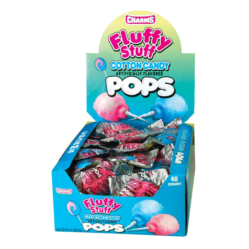 Tootsie Roll Fluffy Stuff cotton candy pops box in pink and blue, perfect for parties.