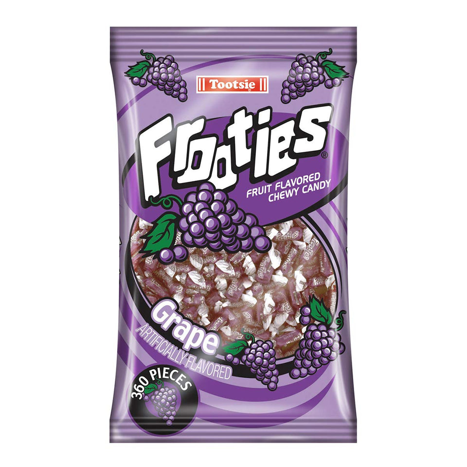Tootsie Roll Frooties grape candy bag with vibrant purple wrappers for party favors.