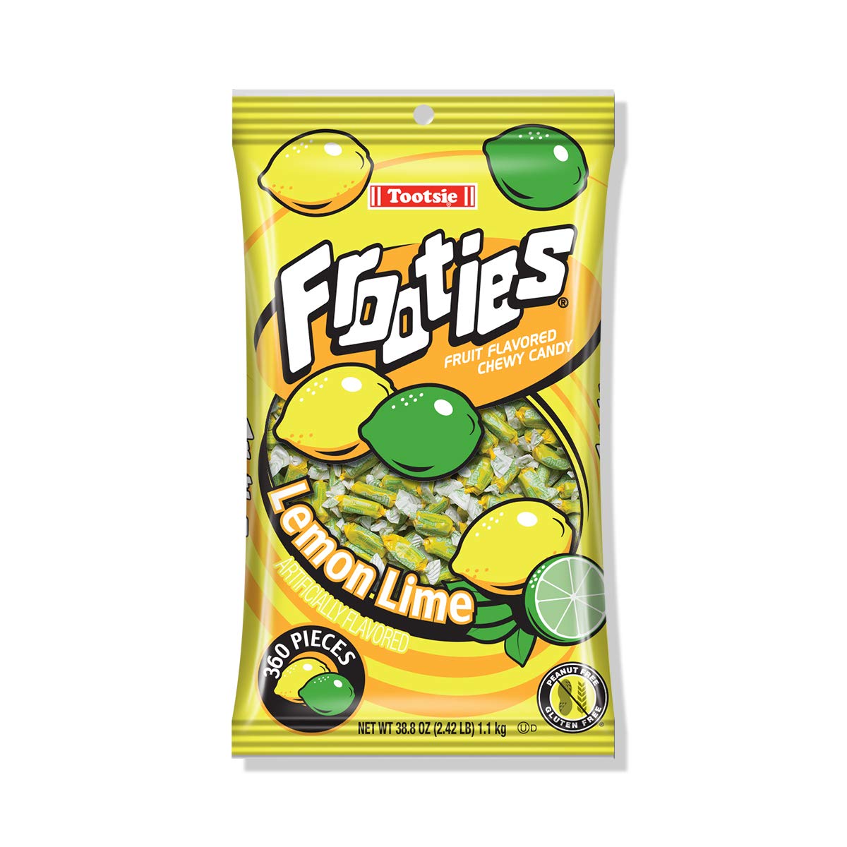 Tootsie Roll Frooties Lemon Lime bag front with bright wrappers for party displays