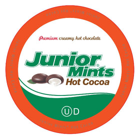 Tootsie Roll Junior Mints hot chocolate pod closeup for a quick minty cocoa treat at home.