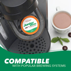 Tootsie Roll Junior Mints hot chocolate pod with steaming mug for cozy evenings.
