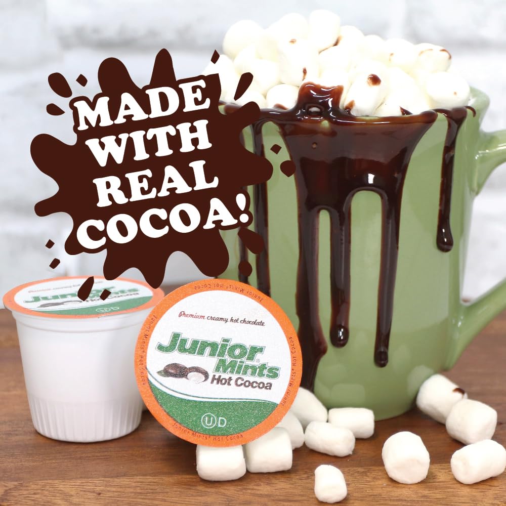 Tootsie Roll Junior Mints hot cocoa pods ready for Keurig brewers.