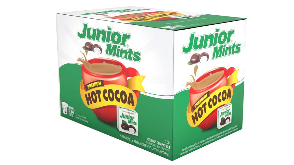 Tootsie Roll Junior Mints hot cocoa pods pack for a cozy minty treat.