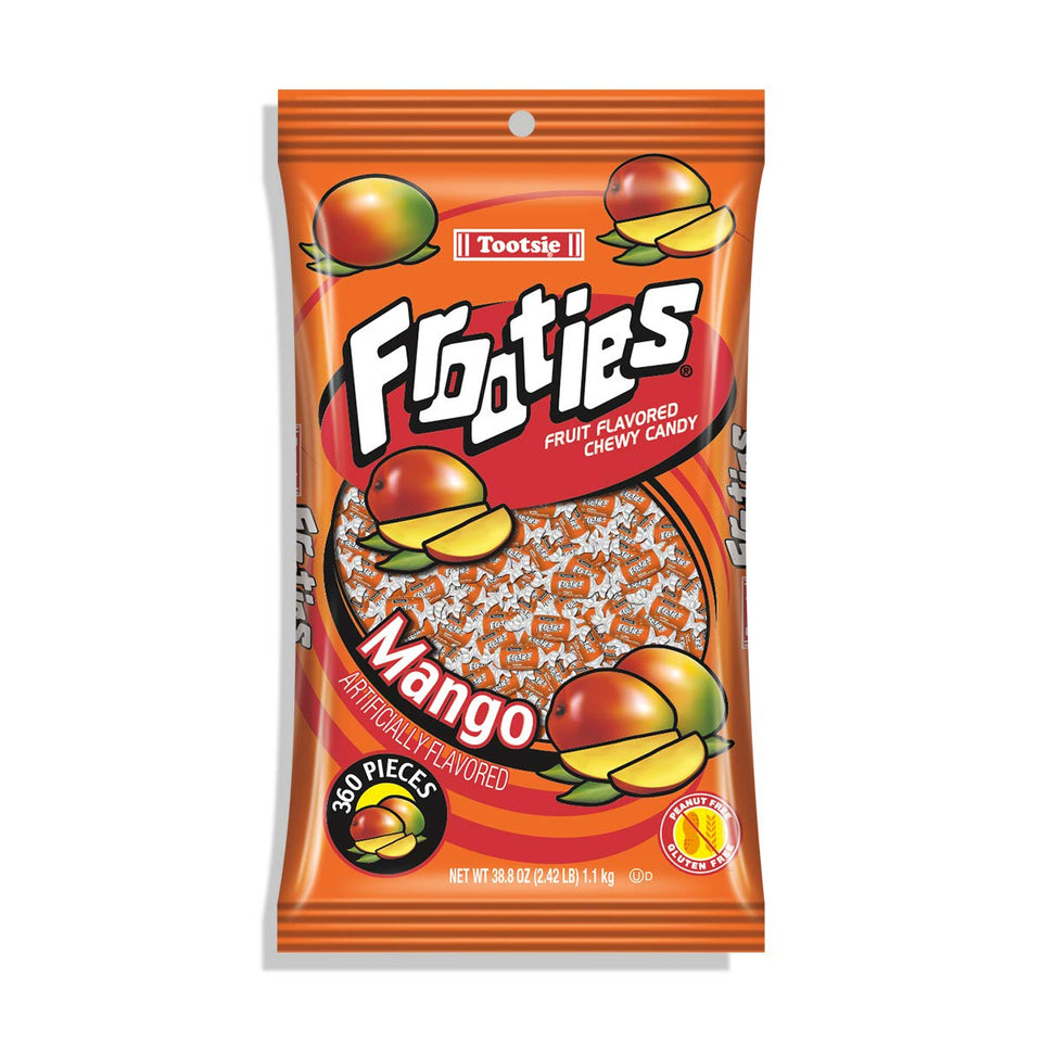 Tootsie Roll Mango Frooties bag with orange wrappers showing mango flavor