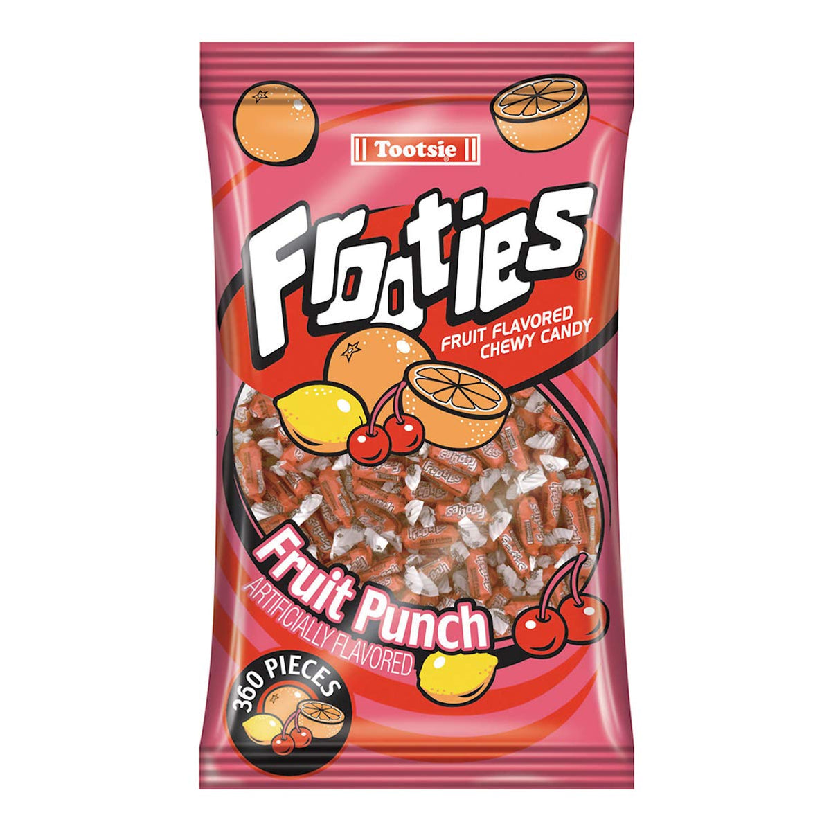 Tootsie Roll Red Frooties bag with colorful fruit chews for party snacking.