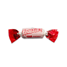 Close-up of Tootsie Roll Sour Frooties red wrapper and candy