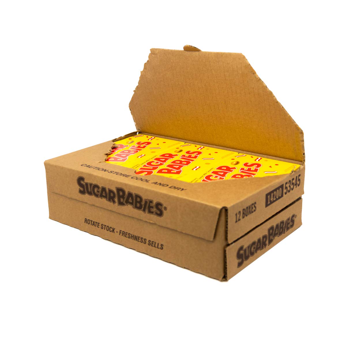 Tootsie Roll Sugar Babies box front showing bite-sized caramel treats perfect for sharing.