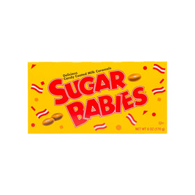 Tootsie Roll Sugar Babies theater box on a store shelf highlighting its movie-night appeal.