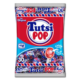 Tootsie Roll Tutsi Pop cherry flavor with gum center, perfect for sharing.