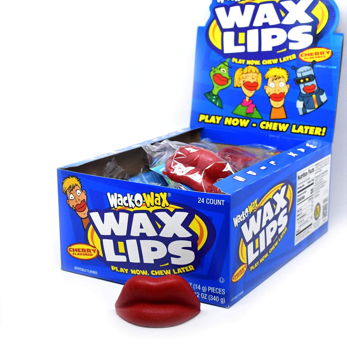 Tootsie Roll Wack-O-Wax Cherry Lips close-up, vivid red cherry wax candy texture.