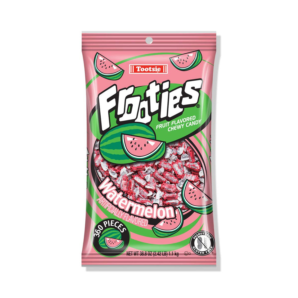 Tootsie Roll Watermelon Frooties packaging shown, perfect for party favors and easy sharing.